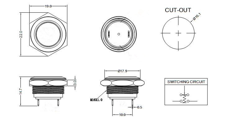16mm push button switch